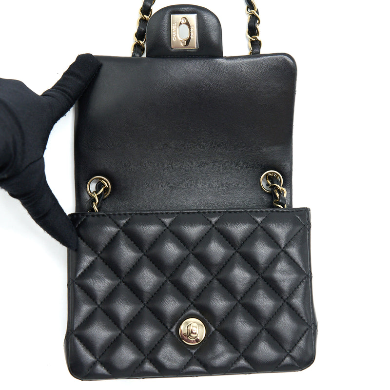 Chanel Mini Square Flap Bag Lambskin Black LGHW (Microchip)
