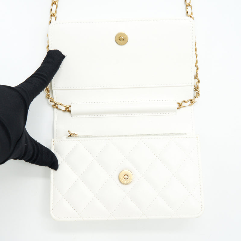 Chanel Small Wallet On Chain With Ribbon Chain Lambskin White GHW