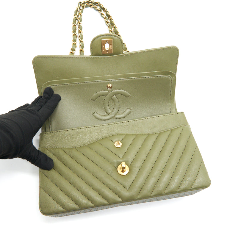 Chanel Chevron Medium Classic Double Flap Bag Olive-Green GHW