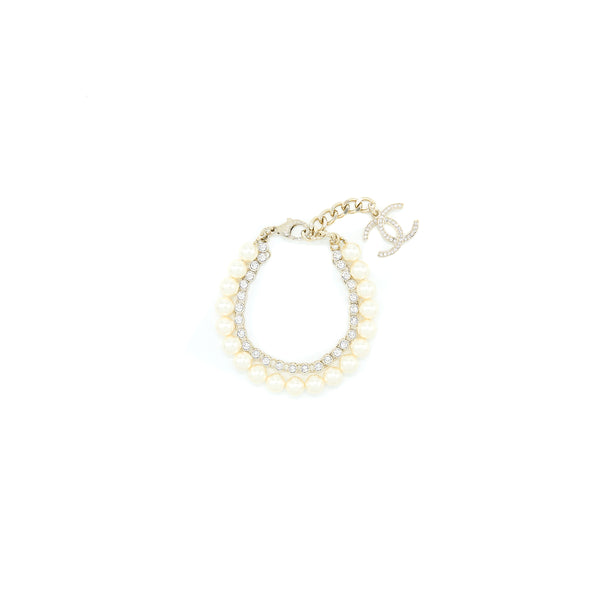 Chanel CC Logo Bracelet Pearl/Crystal Light Gold Tone
