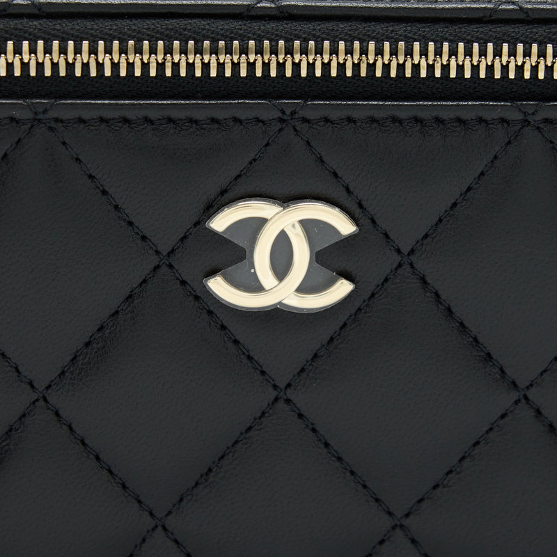 Chanel 22A Mini Top Handle Long Vanity With Chain Lambskin Black LGHW (Microchip)