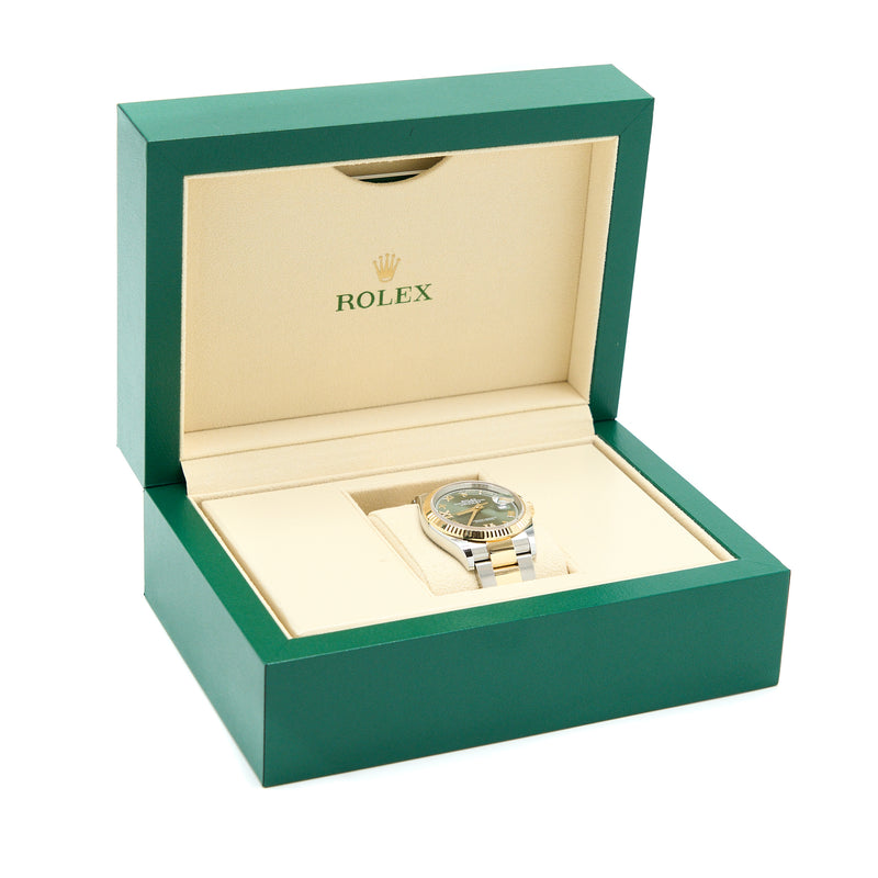 Rolex Datejust 36 Oyster Perpetual, Yellow Gold Features and Olive-Green Diamond Set, Oyster Bracelet Model 126233-0026