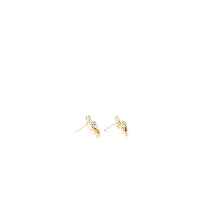 Chanel CC Logo Earrings Crystal Light Gold Tone