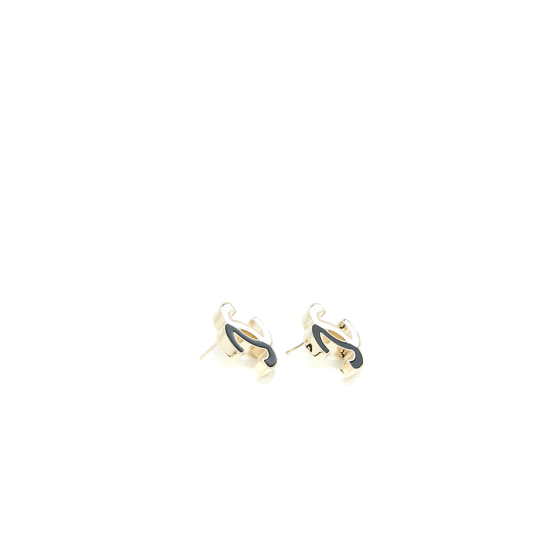 Chanel CC Logo Earrings Enamel Black/White Light Gold Tone