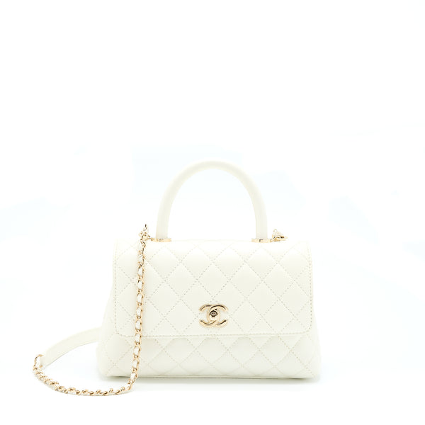 Chanel Small Coco Handle Caviar White LGHW (Microchip)