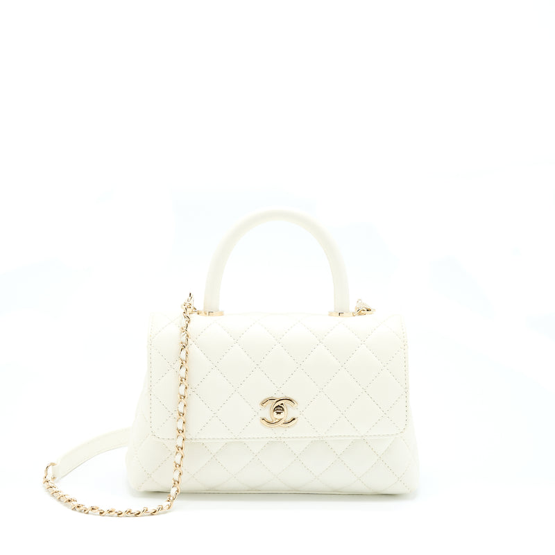 Chanel Small Coco Handle Caviar White LGHW (Microchip)