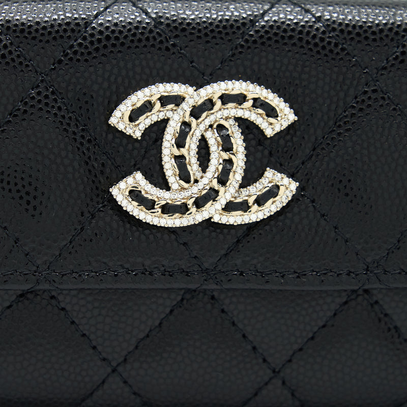 Chanel 22S Detailed Logo Mini Flap Card Holder Caviar Black LGHW