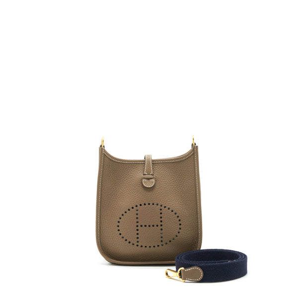 Hermes mini Evelyne Etoupe/ Blue indigo GHW stamp D