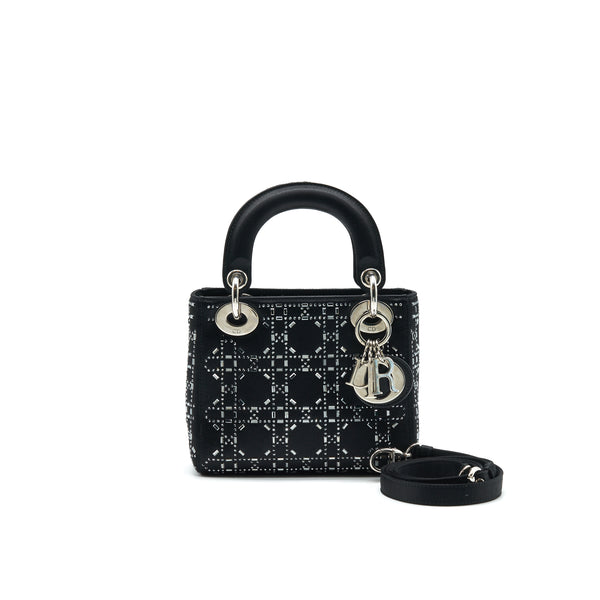 CHRISTIAN DIOR Satin Crystal Cannage Mini Lady Dior Black