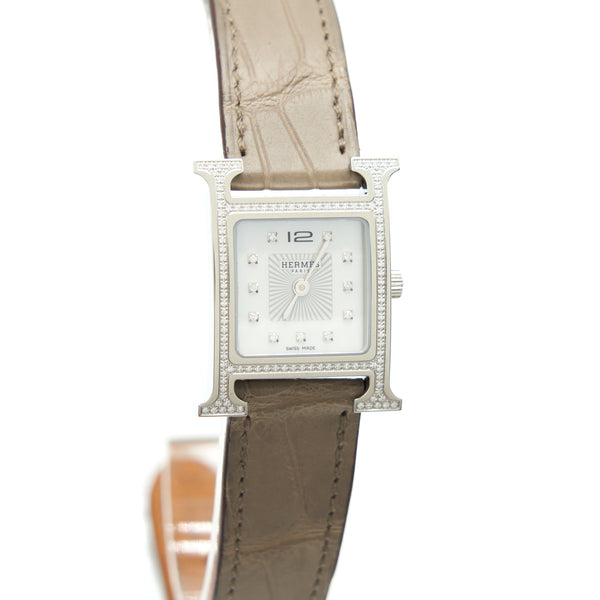 Hermes Heure H watch, Mini model, 21 mm With Diamonds Alligator Strap Etoupe SHW