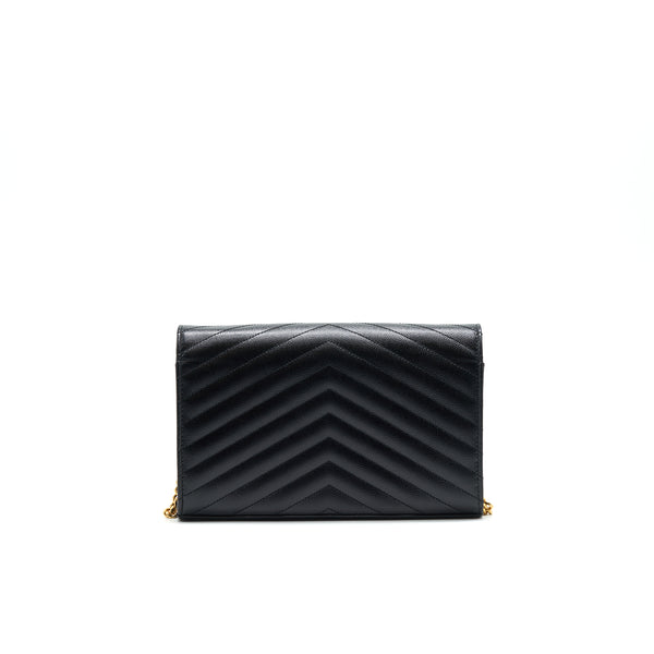 SAINT LAURENT Monogram Chain Wallet in Grain De Poudre Embossed Leather in Black