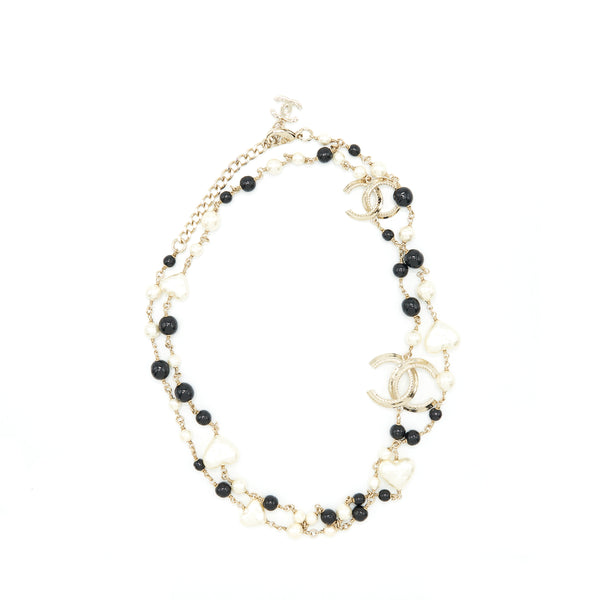 Chanel CC And Heart Pearl Long Necklace Light Gold Tone