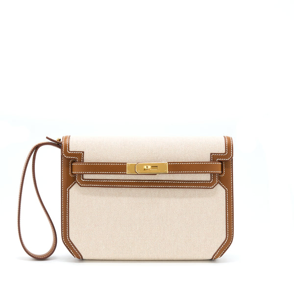 Hermes Pochette Kelly Depeches 25 Canvas and Barenia, Ecru/ Beige / Fauve GHW Stamp Z