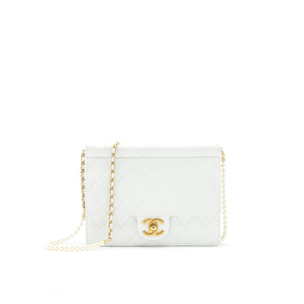 Chanel Quilted Pearl Chain Flap Bag In White GHW