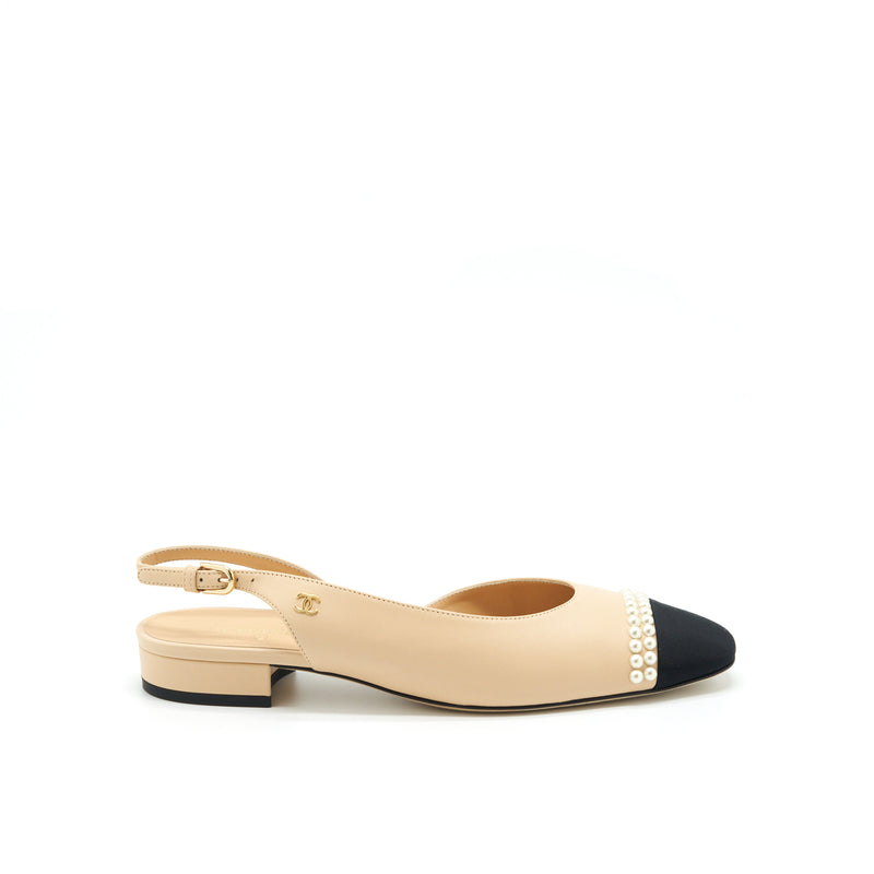 Chanel 38.5C Slingback Flats Beige With Pearls