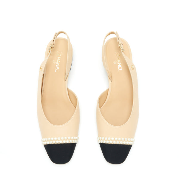 Chanel 38.5C Slingback Flats Beige With Pearls