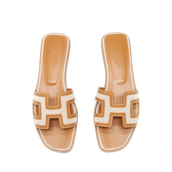 Hermes Size 37.5 Oran Sandals Toile H Plum Noisette/Beige