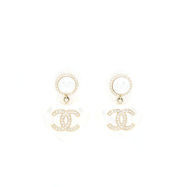 Chanel 21B Giant CC Heart Drop Earrings Light Gold Tone