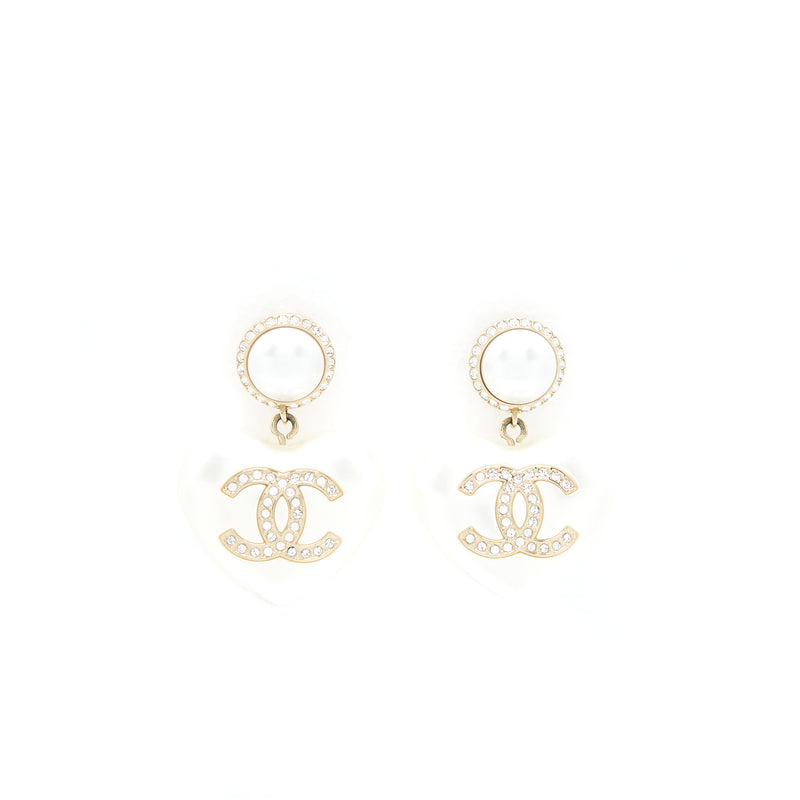 Chanel 21B Giant CC Heart Drop Earrings Light Gold Tone