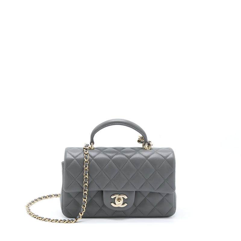 Chanel 22A Top Handle Mini Rectangular Flap Bag Lambskin Grey LGHW (Microchip)