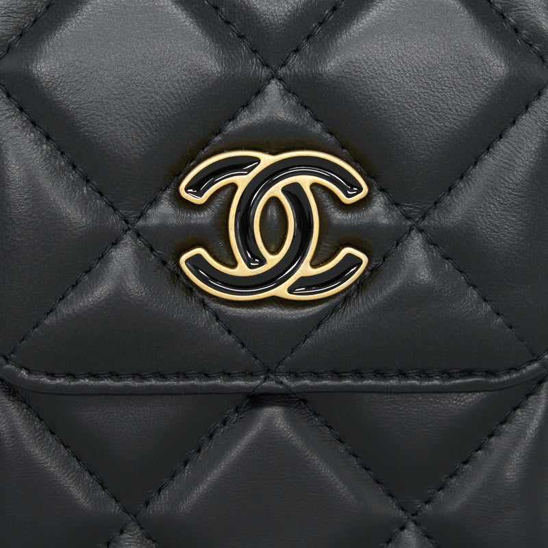 Chanel 22P Vertical Mini Flap Phone Case Lambskin Black With Enamel And Gold Hardware