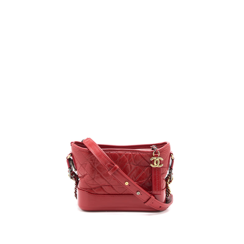 Authentic Chanel Red Aged Calfskin Leather Small Gabrielle Hobo Crossbody Bag