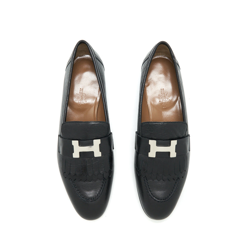 Hermes Size 37.5 Loafers Royal Chèvre Noir SHW