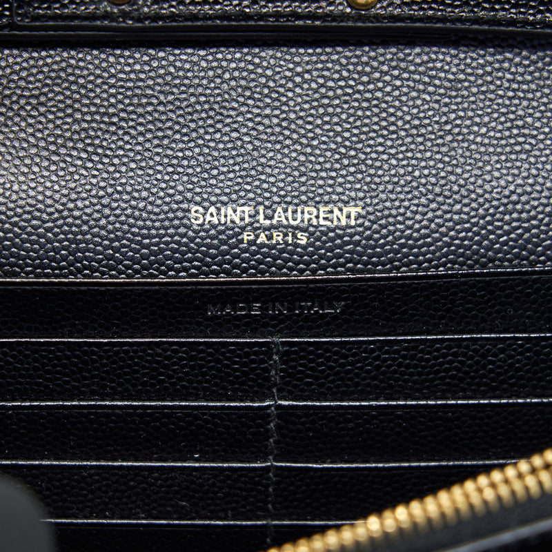 SAINT LAURENT Monogram Chain Wallet in Grain De Poudre Embossed Leather in Black