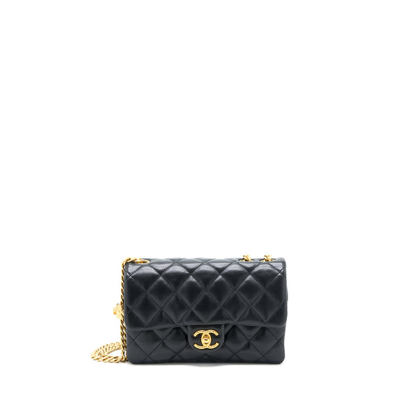Chanel 22K Gold Pillar Adjustable Chain Flap Bag Lambskin Black Brushed GHW (Microchip)