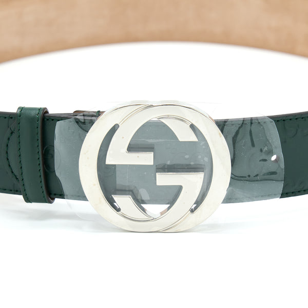 Gucci Size 80 GG Buckle Leather Belt Green SHW