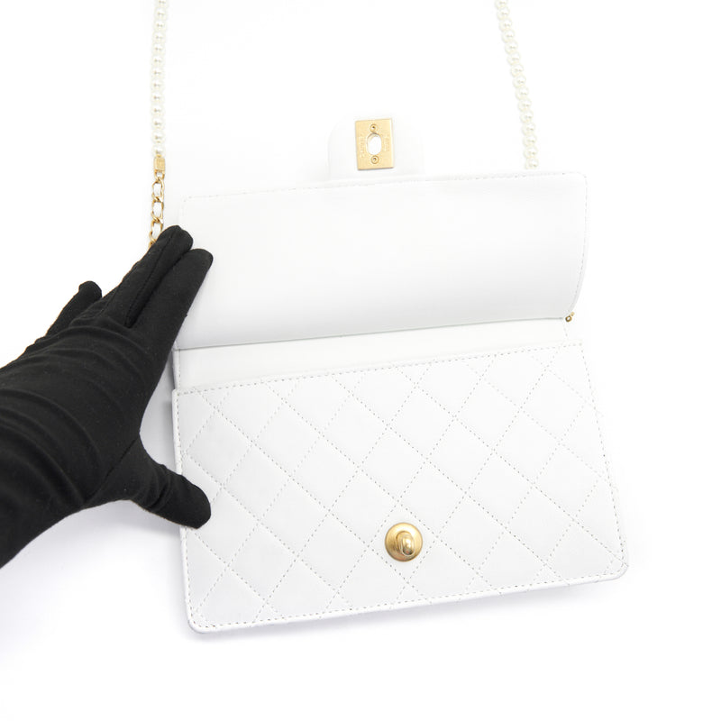 Chanel Quilted Pearl Chain Flap Bag In White GHW