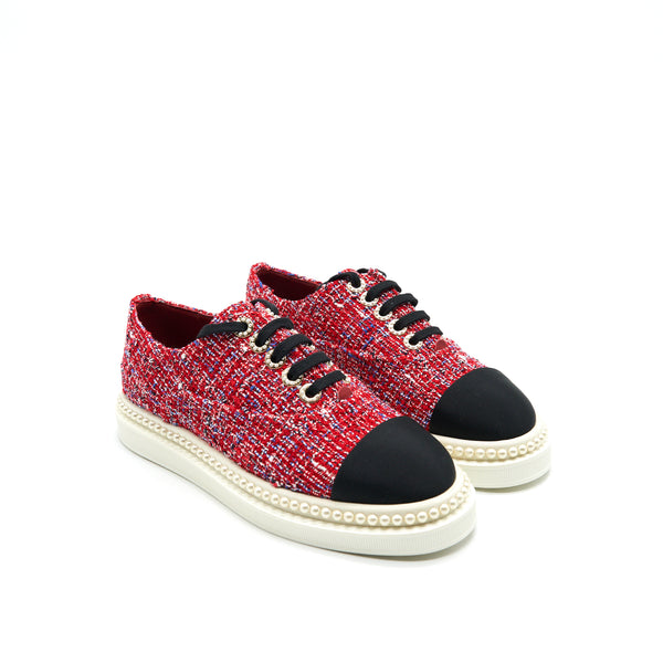 Chanel Size 36.5 Tweed Lace-Up Pearl Flats Red