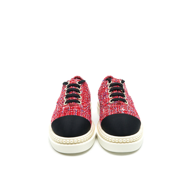 Chanel Size 36.5 Tweed Lace-Up Pearl Flats Red