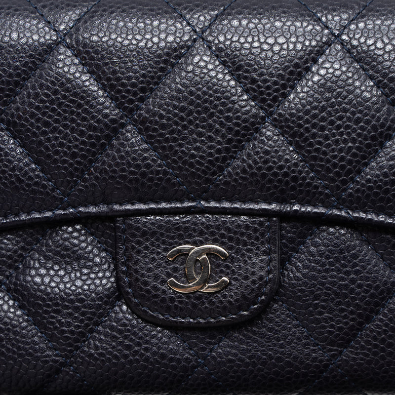 Chanel Classic Quilted Flap Long Wallet Caviar Dark Blue SHW