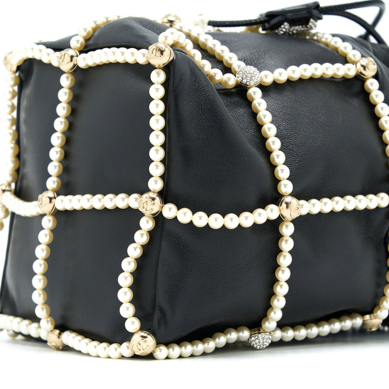 Chanel Bucket Crystal CC Logo Pearl Chain Bag Lambskin Black SHW