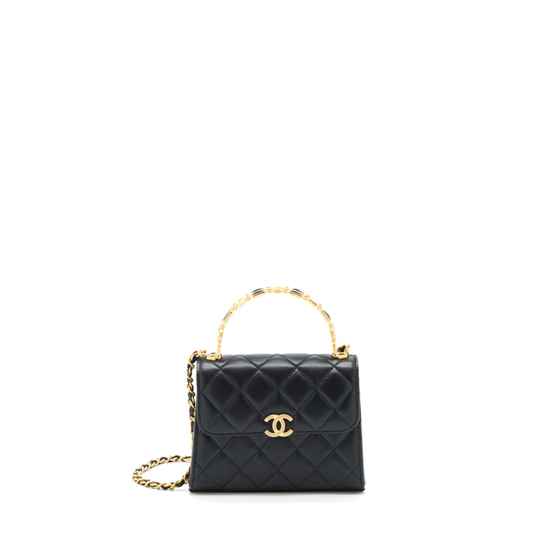Chanel 22B Flap Bag With Enamel/CC Logo Top Handle Lambskin Black Brushed GHW