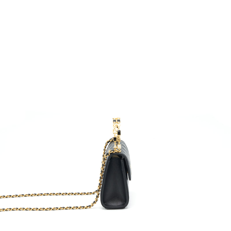 Chanel 22B Flap Bag With Enamel/CC Logo Top Handle Lambskin Black Brushed GHW