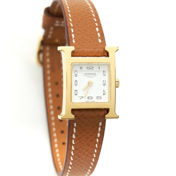 Hermes Heure H Watch 17.2 × 17.2.mm Epsom Gold GHW With Extra Alligator Strap