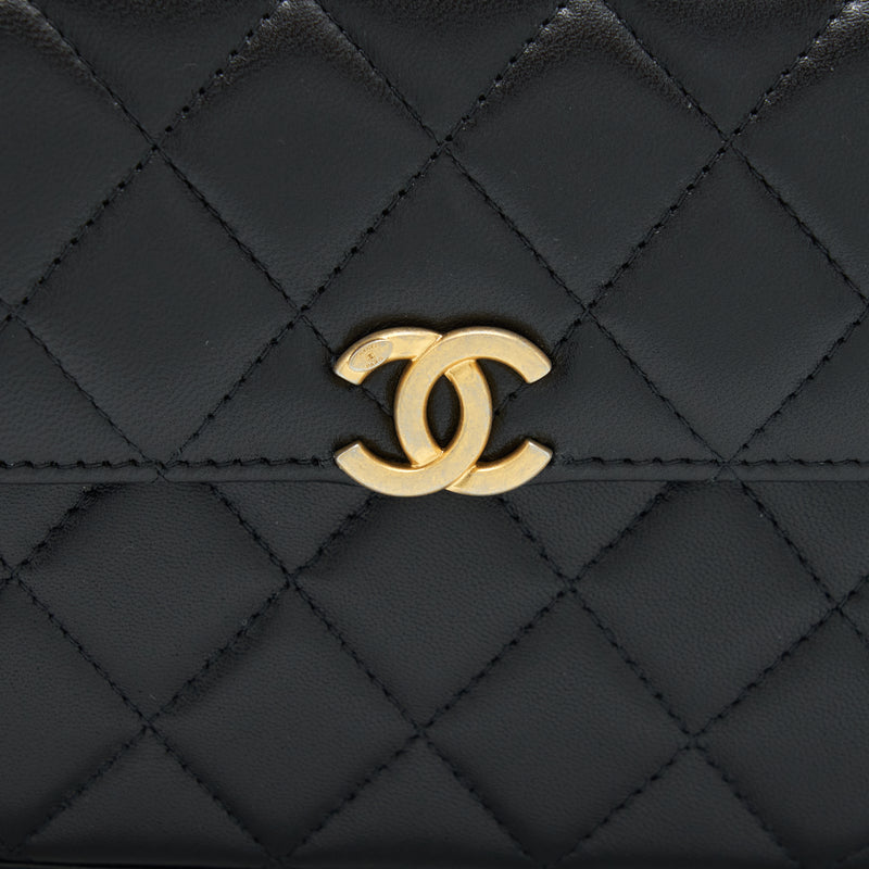 Chanel 22B Flap Bag With Enamel/CC Logo Top Handle Lambskin Black Brushed GHW