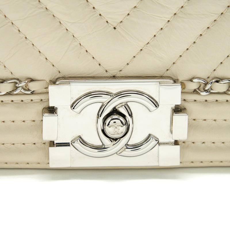 Chanel Medium Boy Bag Chevron Limited Calfskin Ivory SHW