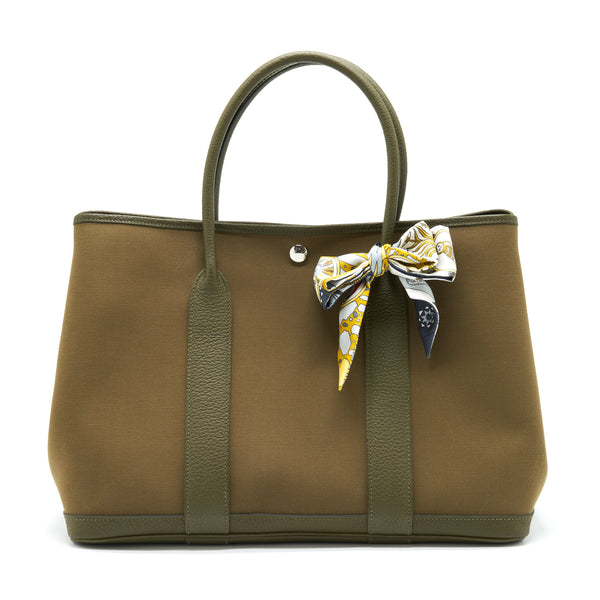 Hermes Garden Party 36 Canvas Vert Olive/Vert Veronese Stamp Y  With An Extra Twilly
