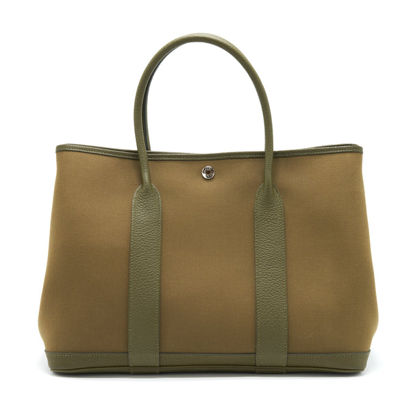 Hermes Garden Party 36 Canvas Vert Olive/Vert Veronese Stamp Y  With An Extra Twilly