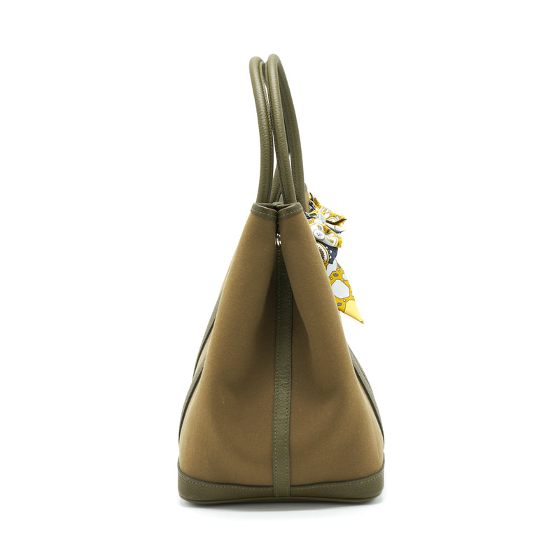 Hermes Garden Party 36 Canvas Vert Olive/Vert Veronese Stamp Y  With An Extra Twilly