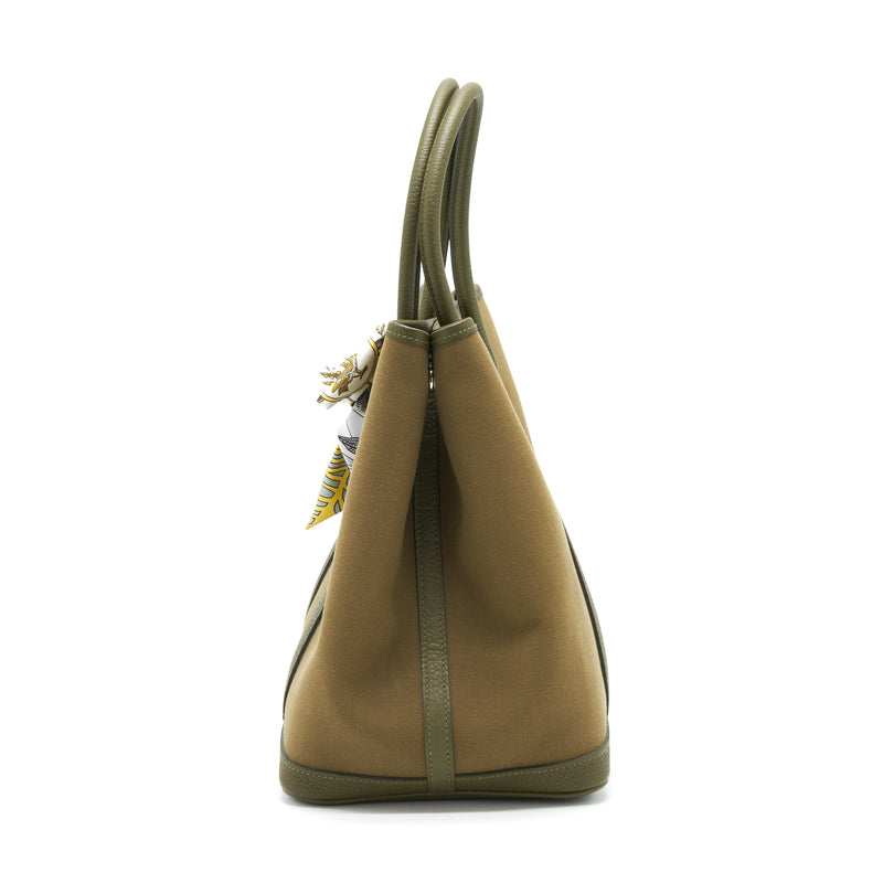 Hermes Garden Party 36 Canvas Vert Olive/Vert Veronese Stamp Y  With An Extra Twilly