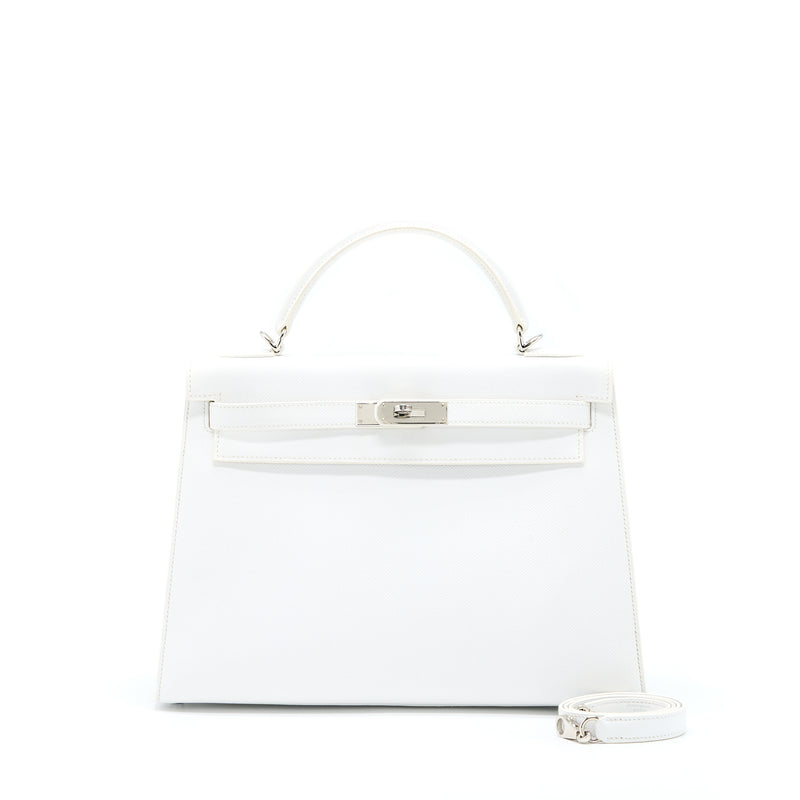 Hermes Kelly 32 Epsom Blanc SHW Stamp Square L(With Staff Sale Stamp)