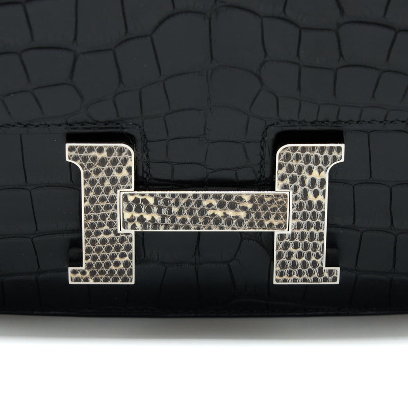 Hermes Mini Constance Mat Alligator Mississippians Black With Lizard Buckle SHW Stamp Y