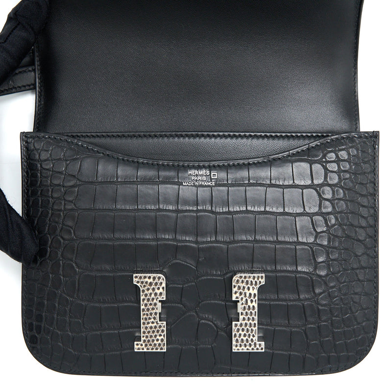 Hermes Mini Constance Mat Alligator Mississippians Black With Lizard Buckle SHW Stamp Y