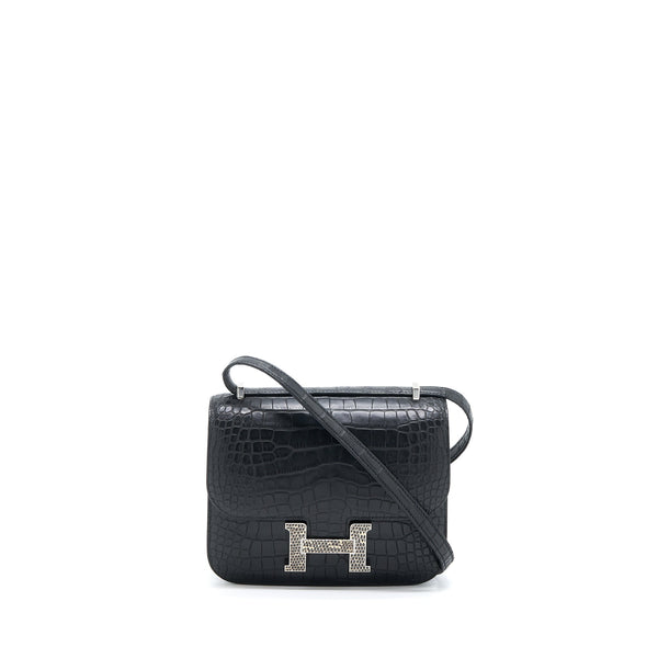 Hermes Mini Constance Mat Alligator Mississippians Black With Lizard Buckle SHW Stamp Y