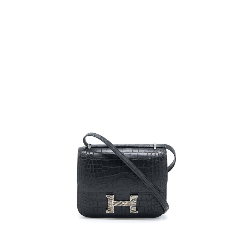 Hermes Mini Constance Mat Alligator Mississippians Black With Lizard Buckle SHW Stamp Y