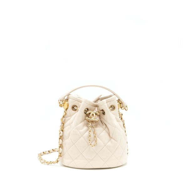 Chanel Button Bucket Crossbody Bag Lambskin White GHW